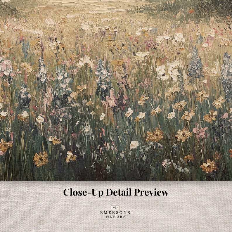 May include: A detailed oil painting showing a field of wildflowers in various colours. The image includes yellow, white, pink, and green hues. The text "Close-Up Detail Preview" and "EMERSONS FINE ART" are visible.