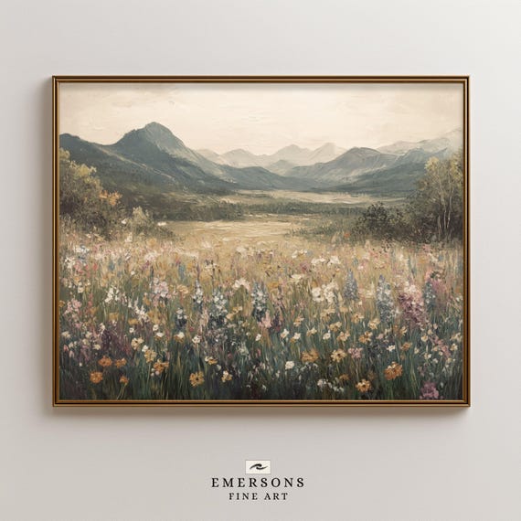 Mountain Meadow Wall Art Print Wildflower Field Landscape Printable Nature Rustic Decor, Digital Download