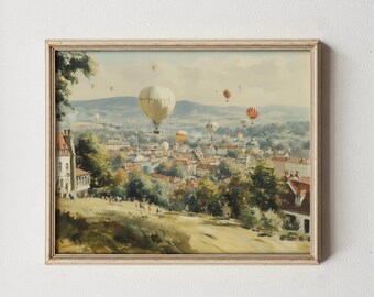 Vintage Hot Air Balloon Wall Art, Dreamy Old Town Landscape Print (Digital Download)