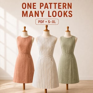 Puede incluir: Tres vestidos sin mangas en maniquíes, uno de color terracota sólido, uno blanco con rayas verticales azul marino y uno de color verde salvia sólido. El texto superior dice ONE PATTERN MANY LOOKS y PDF S-XL. Cada vestido tiene cuello redondo.