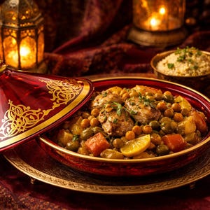 Może przedstawiać: Żywy obraz marokańskiego tagine, tradycyjnego dania serwowanego w czerwono-złotej ceramicznej misce. Tagine jest wypełnione kurczakiem, warzywami i ciecierzycą. Scena jest oświetlona światłem świec, tworząc ciepłą i zachęcającą atmosferę.