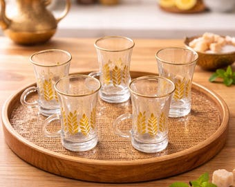 Luxury Turkish Tea Glass Set with Gold Design – 6 Tea Cups & Saucers – Arabic Style Tea Set – Elegant Coffee/Tea Serving Glasses – Gift Set