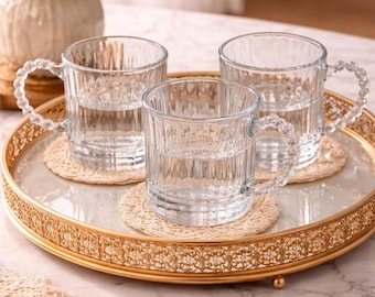 Elegante juego de 3 tazas de vidrio acanaladas con asa decorada con cuentas – Taza de té transparente de 300 ml – Taza de café estética – Regalo para – Juego de anfitrión para Ramadán/Eid