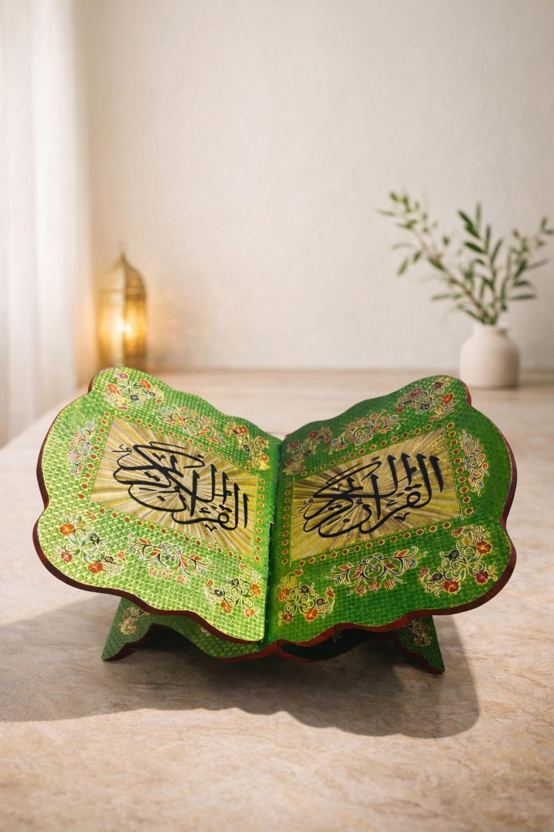 Green Floral Quran Holder | Decorative Islamic Rehal Stand | Colorful ...