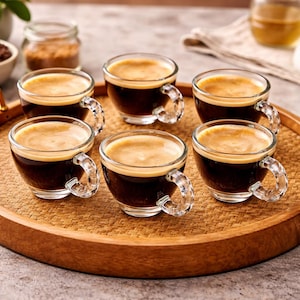 Elegante 6-delige glazen theekop met handvat met kralen | Minimalistische koffiekop | Theekop | Cadeau voor haar | Modern theeservies
