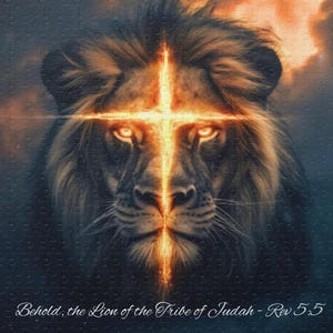 May include: A majestic lion with a glowing cross superimposed on its face. The lion's fur is a mix of brown and gold, with intense orange eyes. The text "Behold, the Lion of the Tribe of Judah - Rev 5:5" is at the bottom.