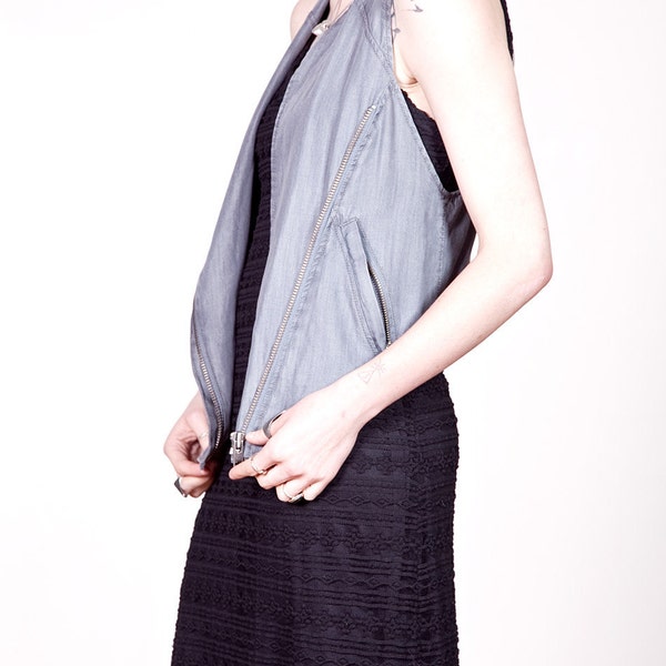 SALE: HELMUT LANG washed chambray asymmetrical zipper drape vest xs/s