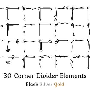 Peut inclure: Image de 30 éléments de séparation d'angle noirs avec différents motifs décoratifs. Le texte indique "30 Corner Divider Elements" et les couleurs "Black Silver Gold".