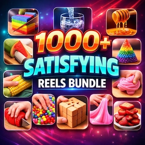 Puede incluir: Gráfico promocional para un "1000+ Satisfying Reels Bundle". La imagen presenta varios elementos visuales satisfactorios, como un pastel arcoíris, agua vertiéndose, miel goteando y objetos coloridos. El texto está en negrita y en colores llamativos.
