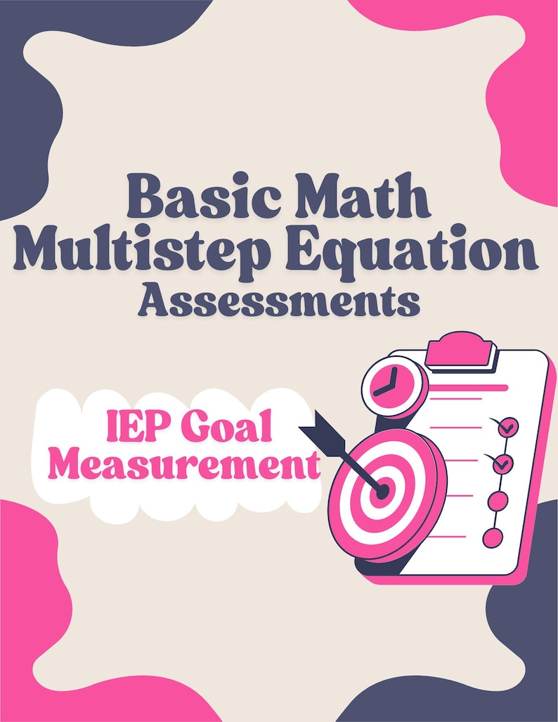 K&ouml;nnte beinhalten: Grafik mit dem Text "Basic Math Multistep Equation Assessments" und "IEP Goal Measurement". Das Bild zeigt eine Zielscheibe mit Pfeil, einen Klemmbrett mit H&auml;kchen und eine Uhr, alles in Pink und Wei&szlig;.