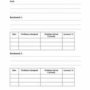 K&ouml;nnte beinhalten: Ein wei&szlig;es Math IEP Goal Data Tracking Sheet mit Abschnitten f&uuml;r Sch&uuml;lername, Note, Ziel, Benchmarks, Datum, versuchte Probleme, richtig gel&ouml;ste Probleme und Genauigkeitsprozentsatz. Der Text ist schwarz.