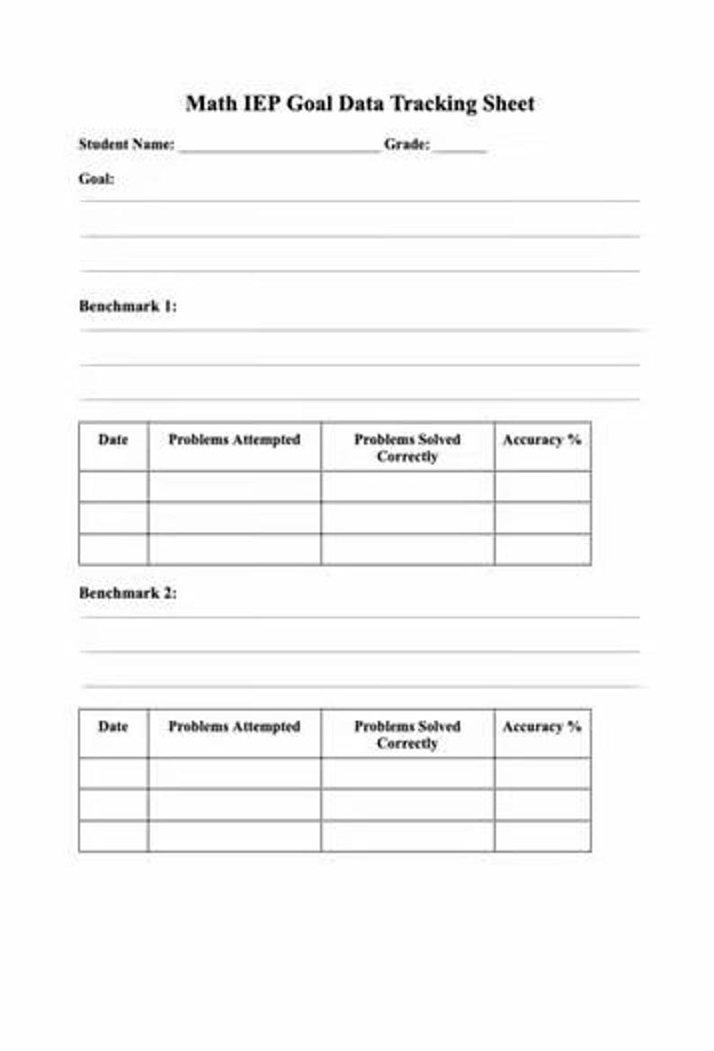 K&ouml;nnte beinhalten: Ein wei&szlig;es Math IEP Goal Data Tracking Sheet mit Abschnitten f&uuml;r Sch&uuml;lername, Note, Ziel, Benchmarks, Datum, versuchte Probleme, richtig gel&ouml;ste Probleme und Genauigkeitsprozentsatz. Der Text ist schwarz.