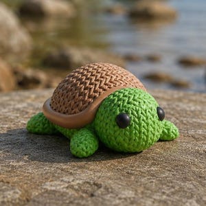 May include: A small, handcrafted turtle figurine featuring a bright green crocheted body and a textured, light brown shell. The turtle has two small, round, black bead eyes positioned on the sides of its head, giving it a simple, clean appearance.