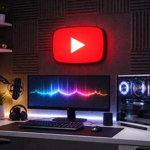 Può includere: Un moderno allestimento da studio domestico con computer, microfono e cuffie. Un grande monitor mostra una grafica colorata dell'onda sonora. Un logo YouTube rosso brillante è montato sulla parete, sopra la scrivania.