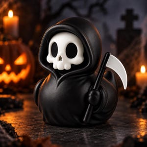 May include: A rubber duck designed as a grim reaper, featuring a matte black hooded cloak, a white skull face with large black eye sockets, and a small white scythe held in its wing. The figure has a smooth, rounded body and a cartoonish aesthetic.