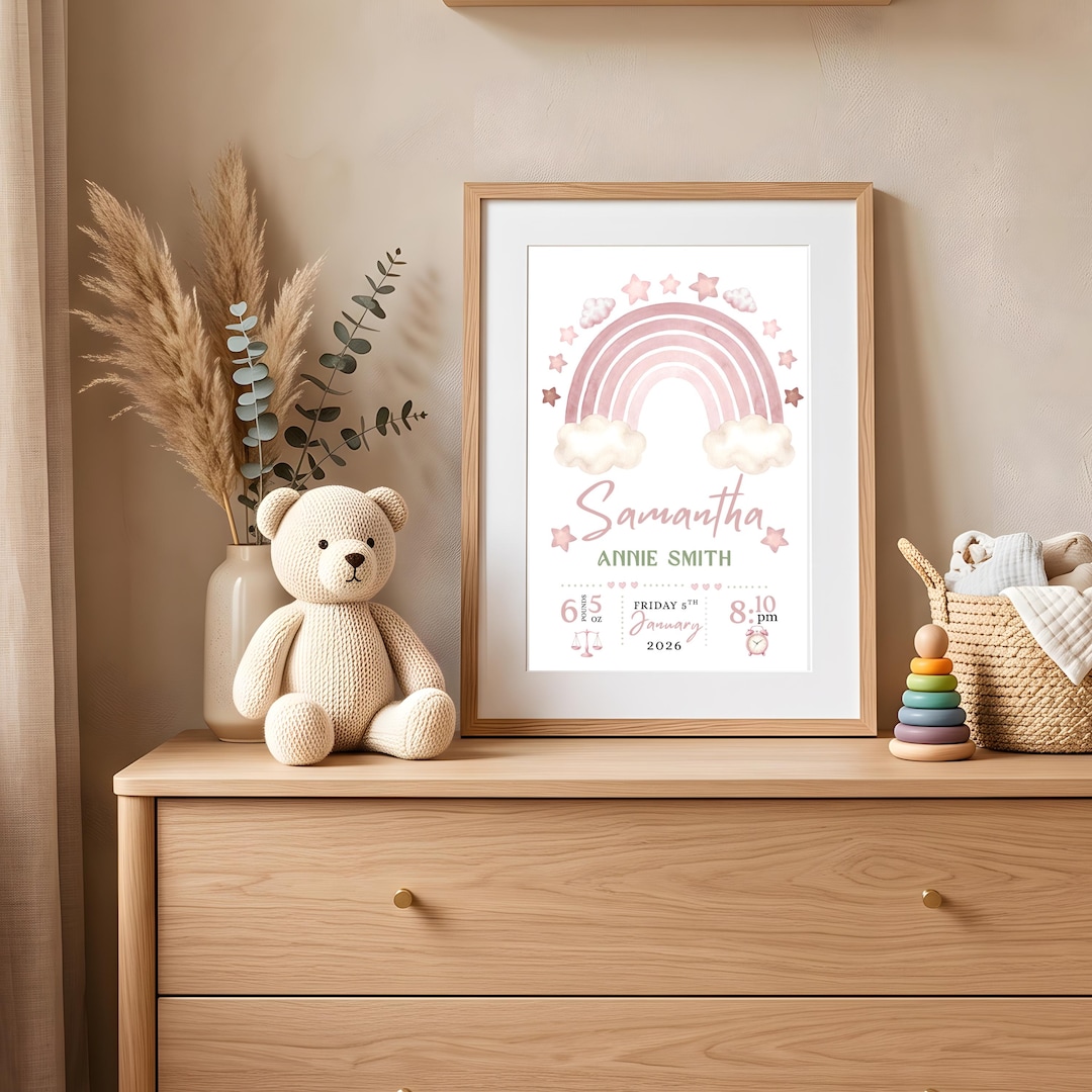 Personalized Baby Birth Announcement Print, Pink Rainbow Nursery Wall ...