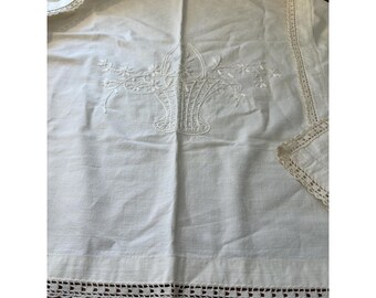 Vtg Handmade Table Runner With Embroidery Basket Fliwers 62x22"