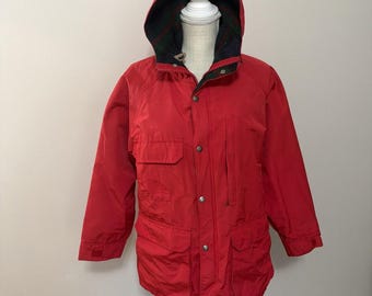 Vintage Woolrich Red Parka Plaid Wool Lining Zip + Snap Closure Medium Womans