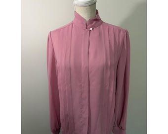 Vintage Pink Pleated Mandarin Collar Blouse