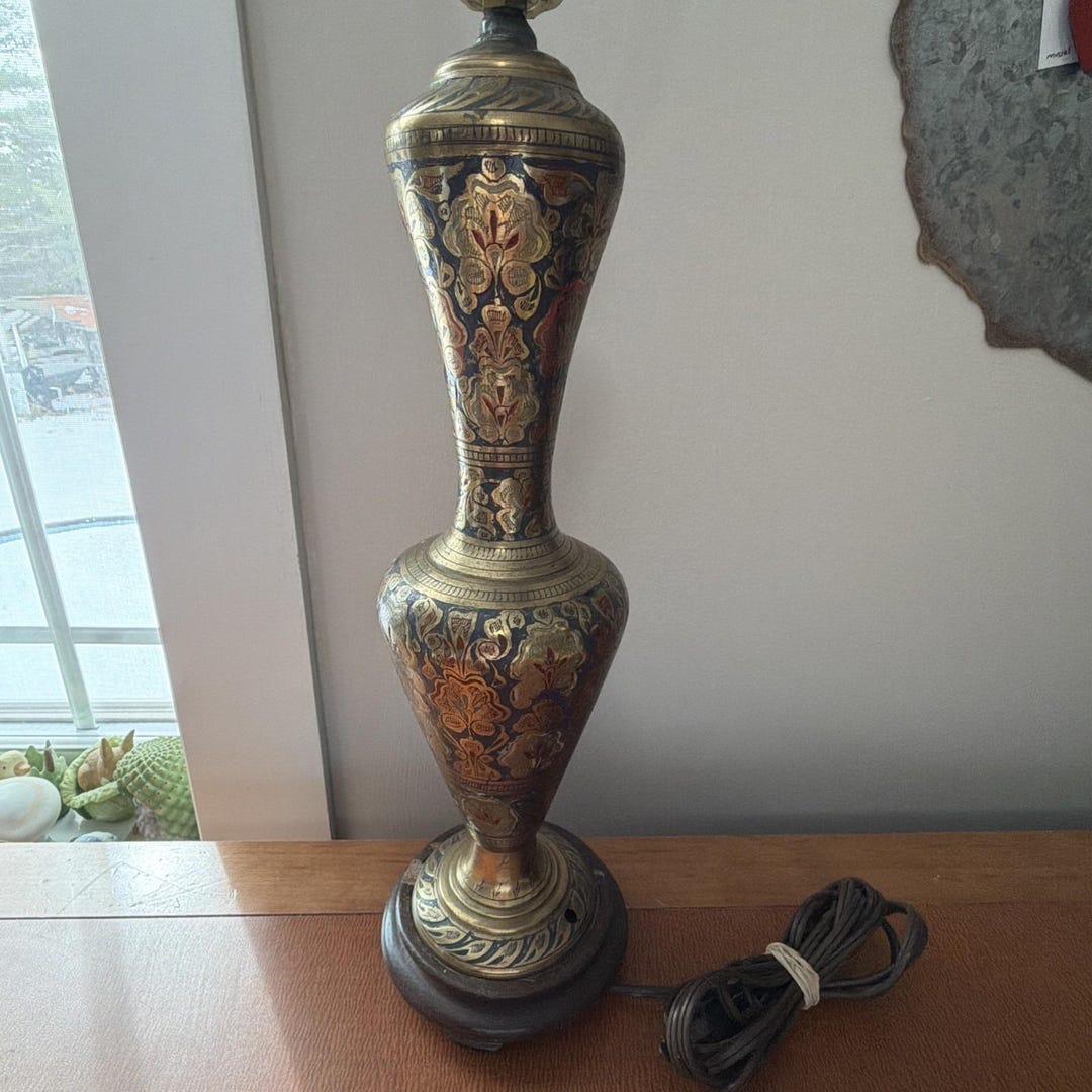 Vtg Bronze Cloisonne Champleve Lamp 18