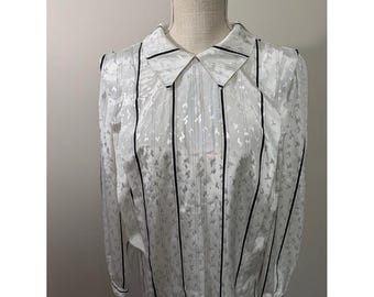 Vintage 70's White Patterned Button-Down Blouse with Black Pinstripes