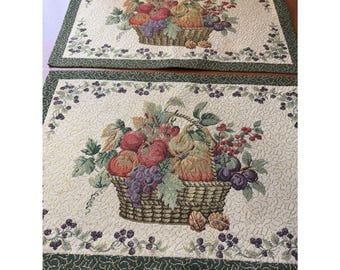 Set Of 2 Harvest Tapestry Placemats Basket Of Fall Harvest, Green Border EUC
