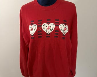 Vtg 90s Roses In Hearts Mock Neck Sweatshirt Gopher Sport XL Cottagecore Grandma