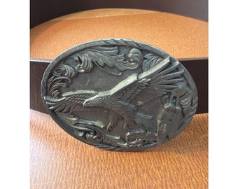 Vtg Siskiyou Eagle Belt Buckle 1995 Made in USA With Brown Leather Belt 44"