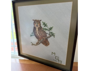 Vintage 1970's Professionally Framed Great Owl Embroidery 18" Square