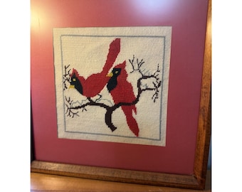 Vintage 1970's Framed Needle Point 2 Cardinals On Branch  14" Square