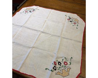 リネン 50年代 手刺繍 テーブルクロス フォークパターン ニードルワーク MCM 29インチ四方