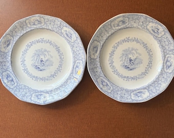 2 Antique J. Clementson Blue Transfrerware "Rustic Scenery" Salad Plates Signed
