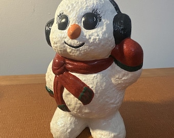 Vintage Hand Painted Snowman Ceramic 1990's With Scarf And Earmuffs 7"