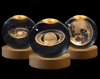 3D Crystal Ball Night Light: Galaxy, Moon, Saturn - USB Powered