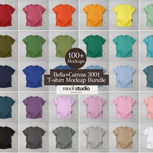 以下が含まれることがあります： さまざまな色のBella+Canvas 3001 Tシャツのグリッド。 シャツは行と列に配置され、赤、オレンジ、黄色、緑、青、紫、ピンク、ニュートラルな色合いなど、さまざまな色が表示されています。 画像には「100+ Mockups」と「Bella+Canvas 3001 T-shirt Mockup Bundle」というテキストが含まれています。