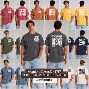 May include: A collection of short-sleeve t-shirts in various colors including red, orange, yellow, olive, blue, black, and white. Each shirt features the text YOUR DESIGN on the front and back. The image includes the text Comfort Colors 1717.