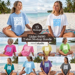 Könnte beinhalten: Eine Sammlung von fünfzehn Gildan 64000 T-Shirt-Mockups in verschiedenen Farben, darunter Hellblau, Weiß, Pink, Gelb, Limettengrün, Blaugrün und Anthrazit. Jedes T-Shirt zeigt den Text YOUR DESIGN in einer fetten, hellblauen Schrift.