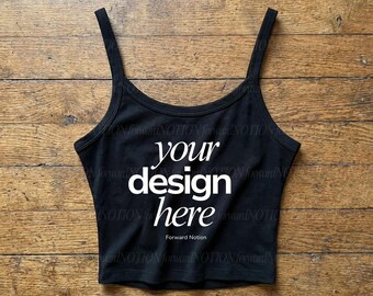 Black Bella Canvas 1012 Mockup Womens Spaghetti Strap Tank Top Flatlay Mock