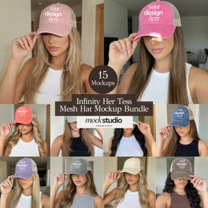 May include: A selection of mesh hats in diverse colours, such as pink, orange, green, blue, purple, grey, beige, and brown. Each hat displays a white text design that reads "your design here." The image is labelled "Infinity Her Tess Mesh Hat Mockup Bundle" with "15 Mockups."