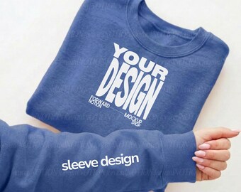 Heather Sport Royal Gildan 18000 Mockup Sleeve Blue Sweatshirt Flay Lay Mock