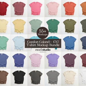 May include: A collection of Comfort Colors® 1717 T-shirt mockups in various colors, including red, pink, green, blue, and purple. The image features the text "55+ Mockups" and "Comfort Colors® 1717 T-shirt Mockup Bundle" with the mockstudio logo.