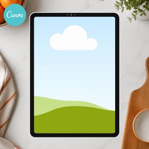 May include: A tablet with a black frame displaying a digital illustration of a light blue sky with a single white cloud above rolling green hills. The screen features a clean, minimalist landscape graphic with soft, rounded shapes and colors.