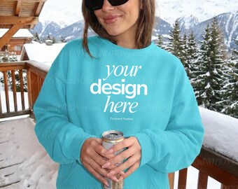 Lagoon Blue Comfort Colors 1566 Mockup Sweatshirt Mock Winter Ski