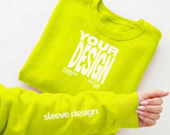 Safety Green Gildan 18000 Mockup Sleeve Neon Yellow Sweatshirt Mockup Flay Lay Mock