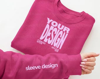 Heliconia Gildan 18000 Mockup Flatlay Pink Sweatshirt Sleeve Mock