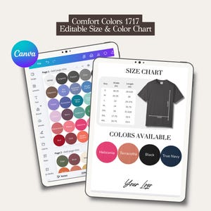 Op de afbeelding: Een digitale, bewerkbare maattabel en kleurenkaart voor Comfort Colors 1717 op twee tabletschermen. De grafieken tonen een t-shirt met afmetingen in inches, een raster van cirkelvormige kleurstalen en een tijdelijke aanduiding voor een logo.