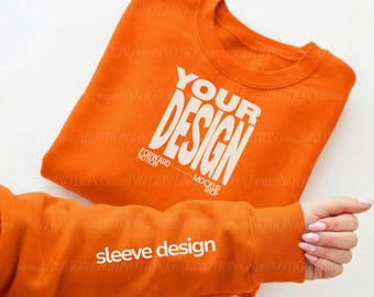 Safety Orange Gildan 18000 Mockup Sleeve Design Neon Sweatshirt Mock Flay Lay