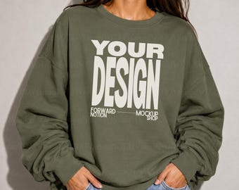 Military Green Gildan 18000 Mockup Sleeve Sweatshirt Mock