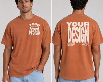 Mens Yam Comfort Colors 1717 Front & Back Mockup Orange T-shirt Splitview Mockup CC1717