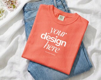Bright Salmon Comfort Colors 1717 Mockup Spring Flatlay Orange T-shirt Mockup CC1717